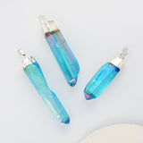 Polished Silver Plated Aqua Aura Crystal Point Pendant Beads, Raw Titanium Blue Quartz Jewelry S0360-2