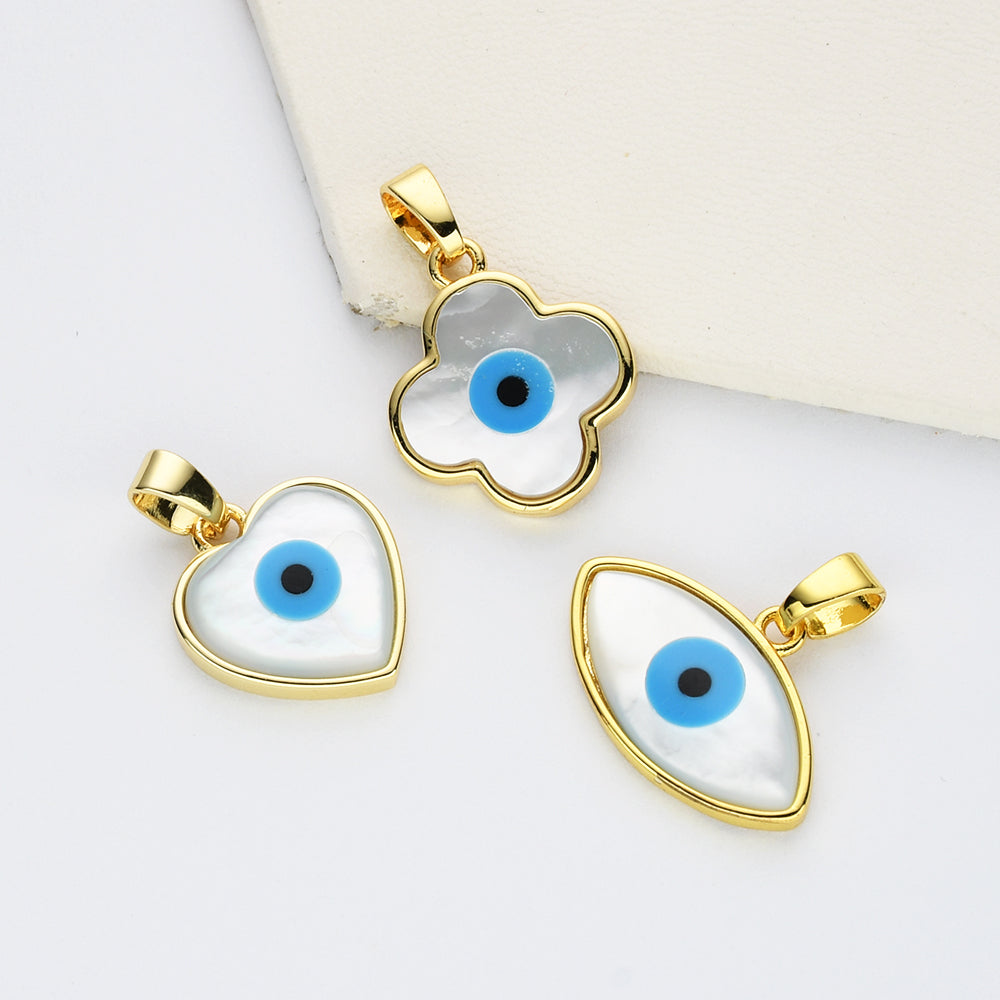 Wholesale Gold Plated White Shell Blue Evil Eye Pendant, Marquise Heart Clover Pendant WX2158