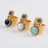 Unique Rhinestone Pave Round Blue Howlite Turquoise Black Agate Pearl Gold Band Wrap Ring JAB963