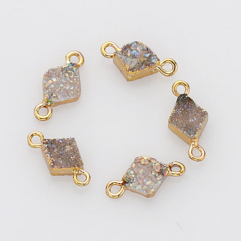 Tiny Gold Plated Titanium AB Color Druzy Connector, Diamond Shape, Gemstone Charm, For Jewelry Making AL611