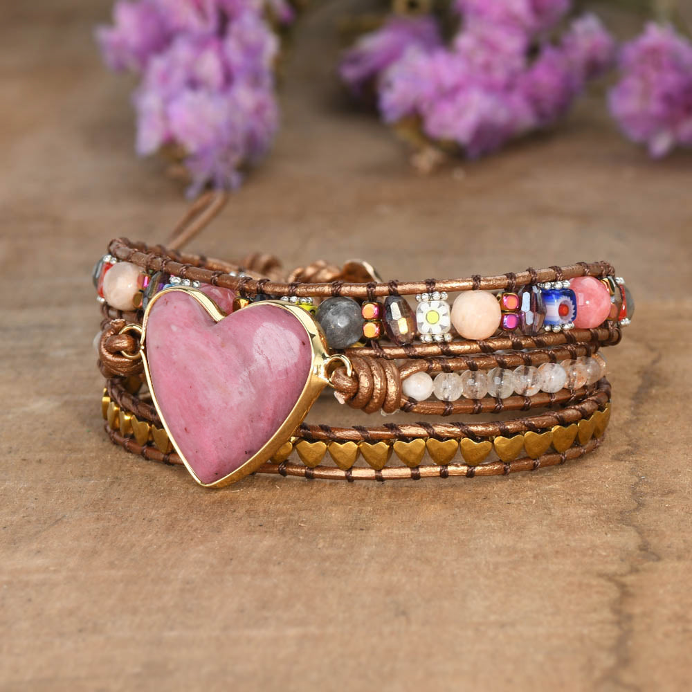 Layers Gold Plated Pink Rhodonite Heart Bracelet, Leather Rope Wire Rrap, Meditation Protection Inspiring Gemstone Bracelet, Healing Jewelry HD0373