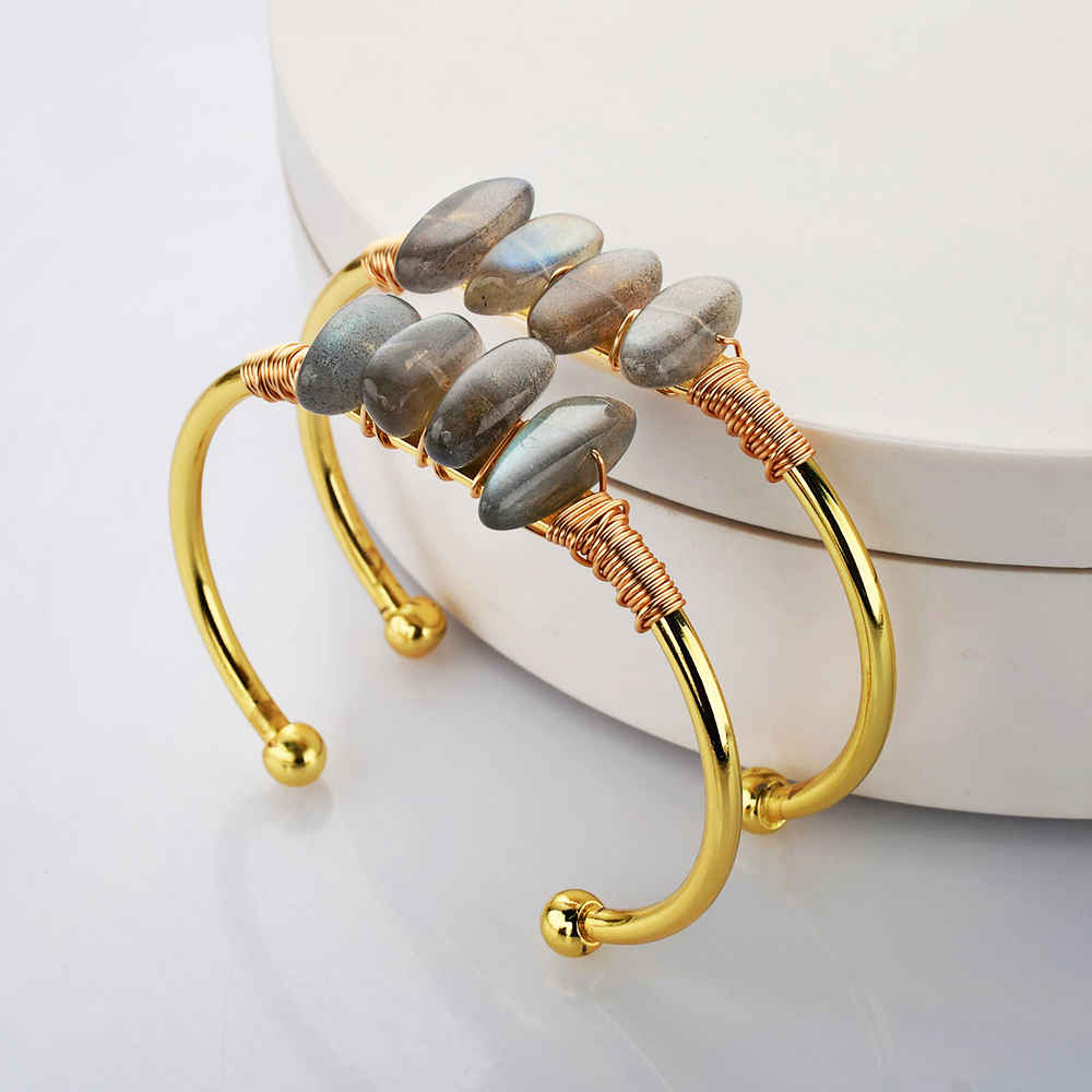 Gold Wire Wrap Labradorite Bangle Bracelet Oval Shape Stone Labradorite Crystal Bracelet Jewelry  WX2078