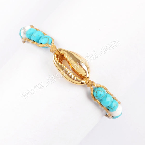 Bohemian Adjustable Gold Cowrie Shell Wire Wrap Beaded Bracelet, Handm ...