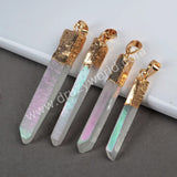 Gold Plated Raw Titanium AB White Natural Aura Crystal Quartz Point Pendant G0061