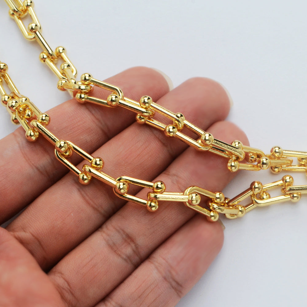 16 Feet Gold Plated Brass U Link Chain, Polished Paper Clip Chain, For Necklace Bracelet Jewelry Making, Wholesale Supply PJ504