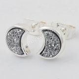 Silver Plated Bezel Crescent Moon Natural Titanium Druzy Studs Earrings ZS0282