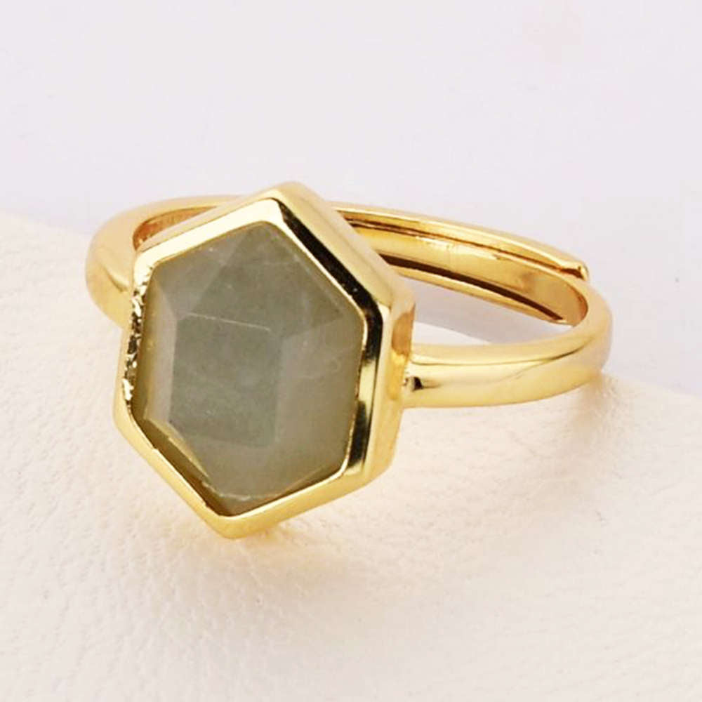 Adjustable Gold Plated Natural Gemstone Crystal Rings Faceted Rose Quartz Moonstone Smoky Quartz Larbradorite Amethyst Aquamarine Ring Jewelry ZG0464