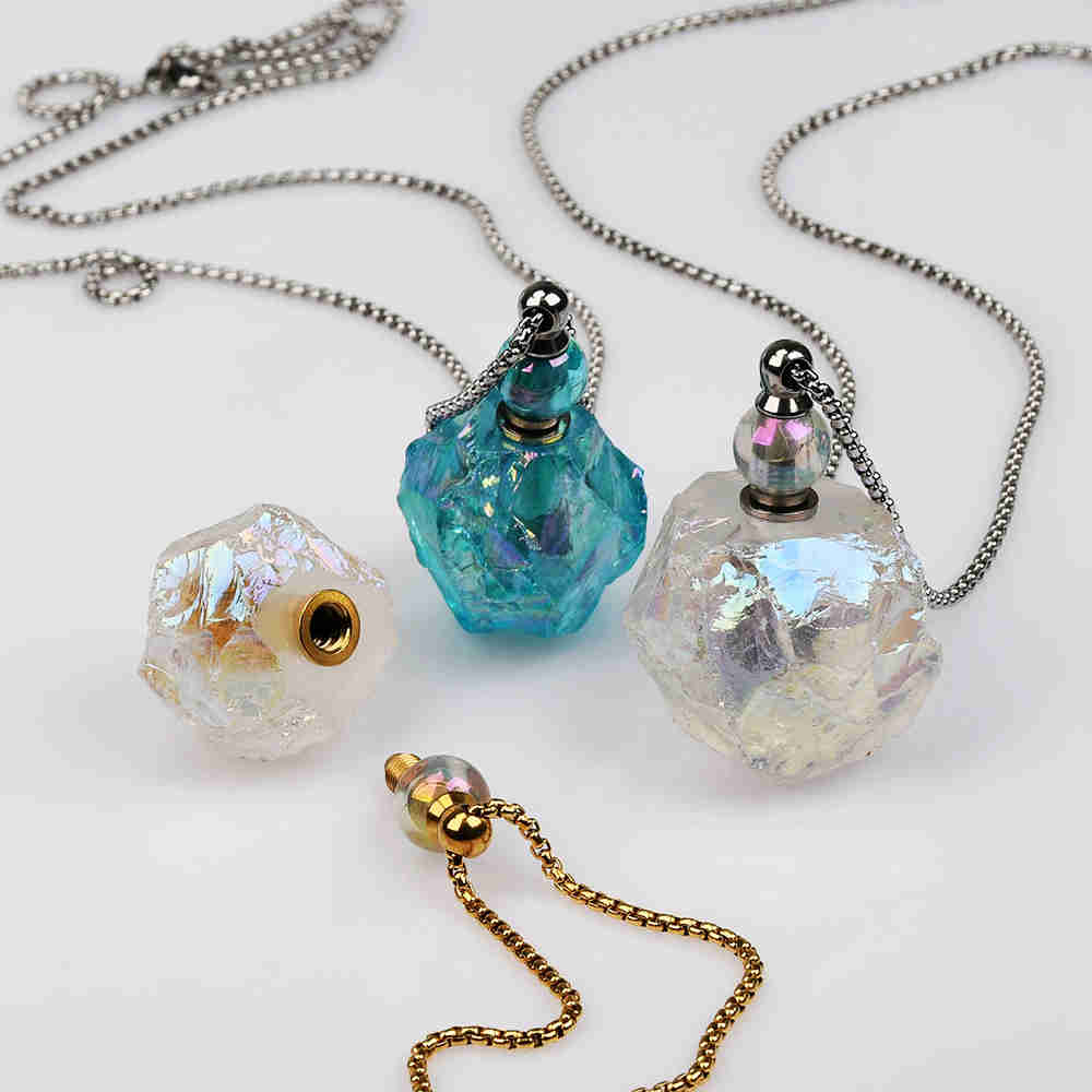 27" Raw Angel Aura Quartz Perfume Bottle Necklace, Titanium AB White Aqua Colors, Freeform Shape, Natural White Crystal Stone Bottle Necklaces WX2087