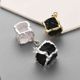 Gold / Silver Plated Cube Shape Black Obsidian / White Quartz Pendant Raw Healing Crystal Stone Pendant WX2070