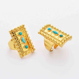 Rectangle Gold Plated Brass Bezel Natural Turquoise Ring ZG0459