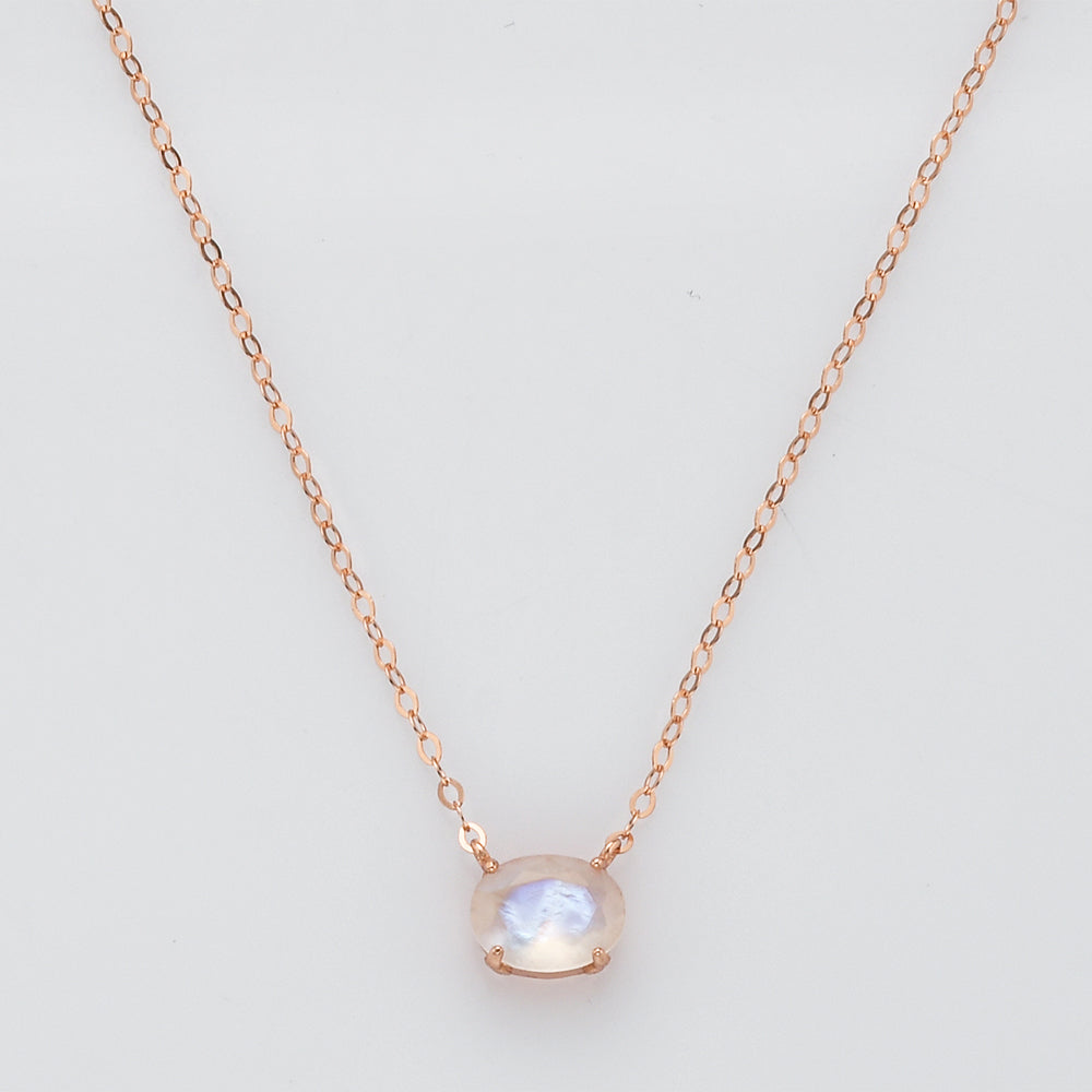 15" S925 Sterling Silver Claw Egg Shape Moonstone Necklace, Faceted Crystal Necklace Jewelry LM036