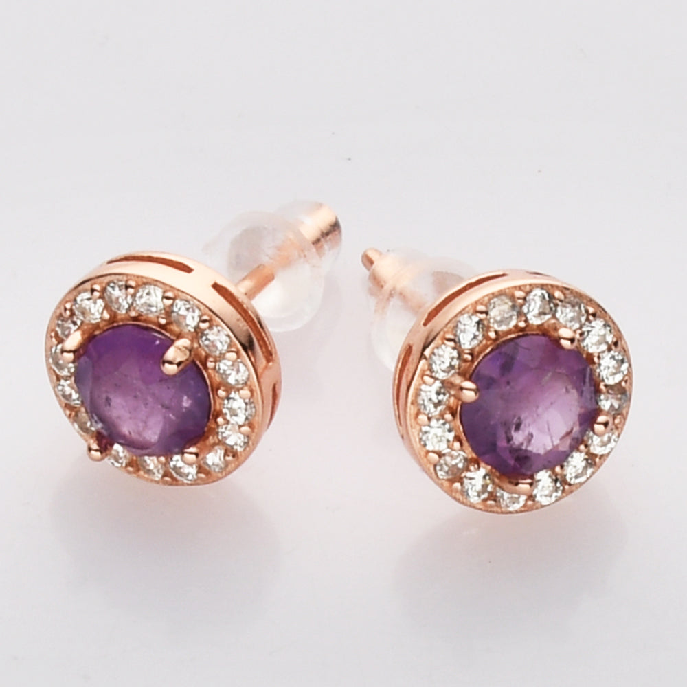 S925 Sterling Silver Rose Gold Round Gemstone Stud Earrings, Healing Crystal Amethyst Aquamarine Rose Quartz Moonstone Jewelry SS218