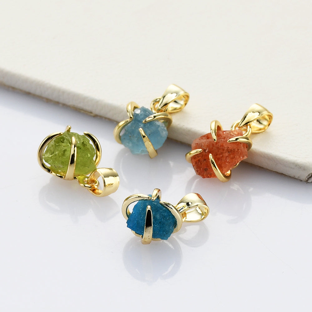 Tiny Gold Plated Claw Rainbow Natural Gemstone Pendant, Raw Healing Crystal Stone Pendant, Birthstone Jewelry ZG0479