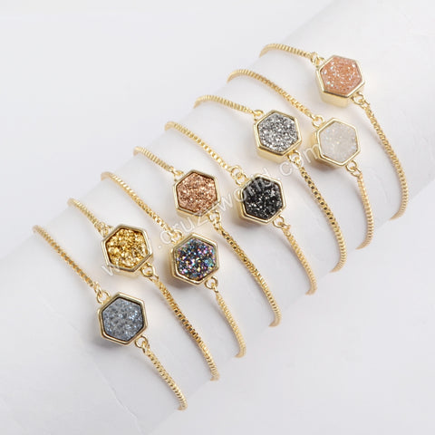 Hexagon Gold Plated Bezel Titanium Druzy Adjustable Bracelet ZG0220