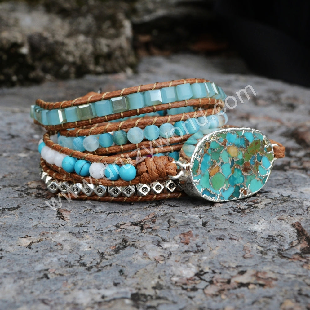 Boho Silver Copper Turquoise 4mm Multi Stone Beads Layers Leather Wrap Bracelet, Handmade Gemstone Jewelry HD0034