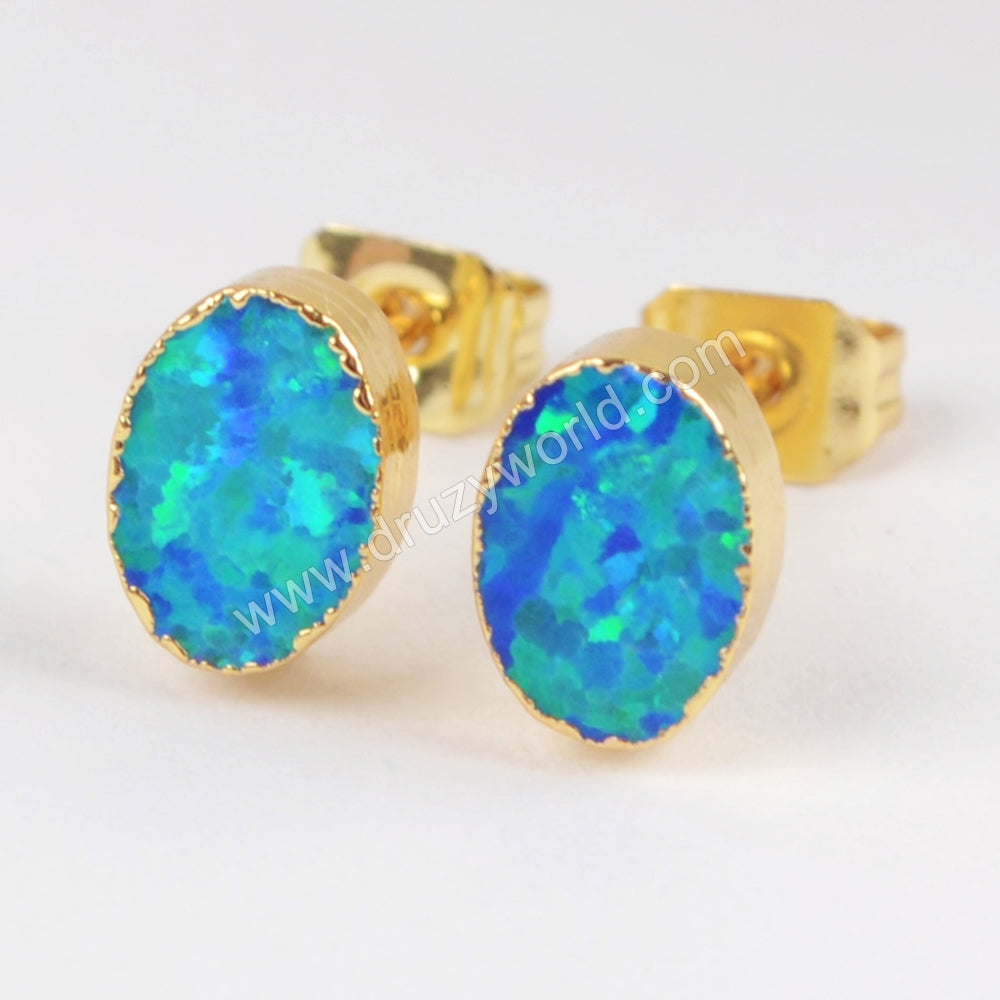 Oval Shape White Opal Studs Earring Gold Plated, Boho Jewelry Earring G1420