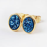 Oval Gold Plated Bezel Rainbow Titanium Natural Agate Druzy Studs Earring ZG0278