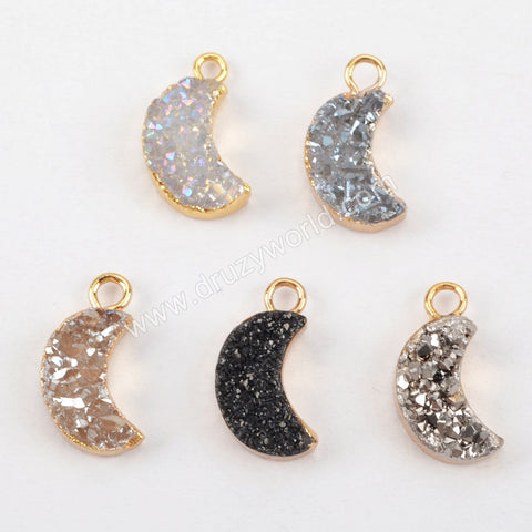 Gold Plated Small Rainbow Titanium Druzy Crescent Moon Charm G1175