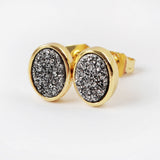 Oval Gold Plated Bezel Rainbow Titanium Natural Agate Druzy Studs Earring ZG0278