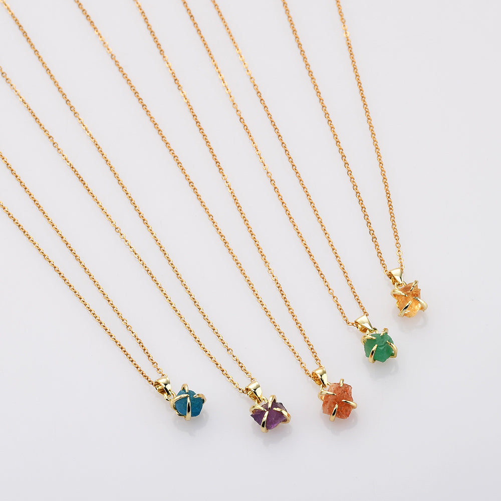 16" Gold Plated Claw Tiny Rainbow Natural Gemstone Necklace, Raw Healing Crystal Stone Pendant Necklace, Birthstone Necklace Jewelry ZG0479-N