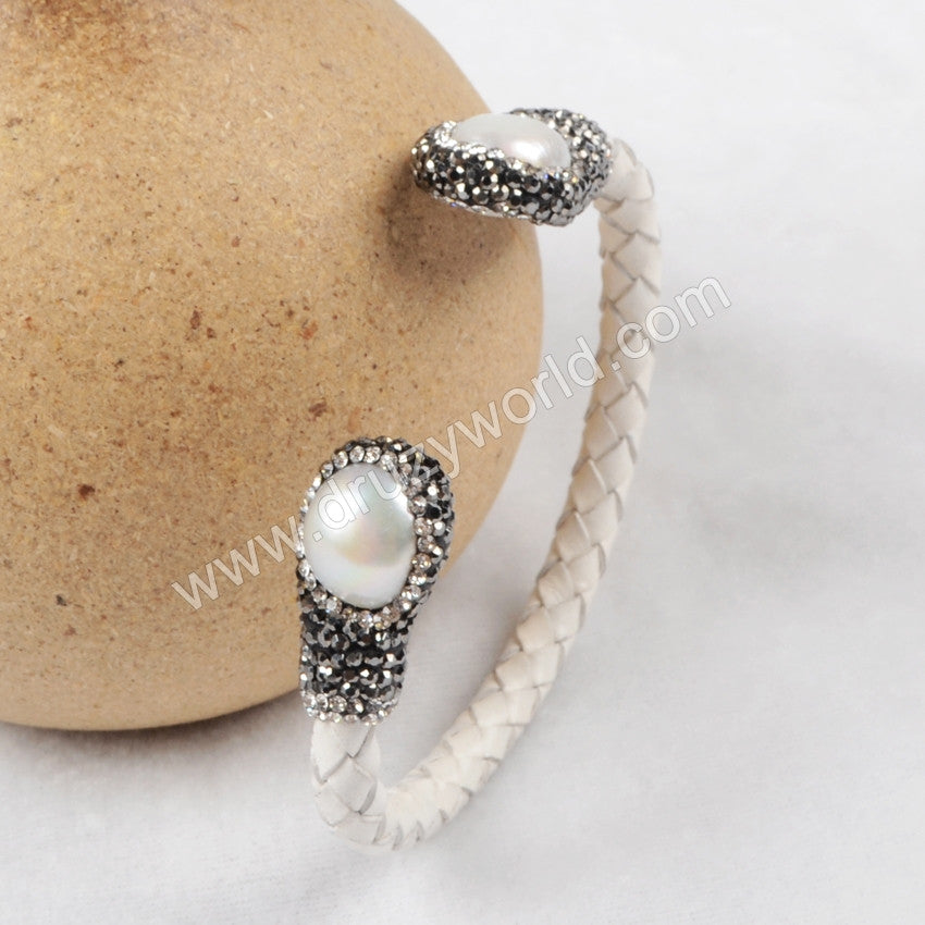 Rhinestone Double Pearl Snake Skin Bangle Bracelet Cuff JAB368