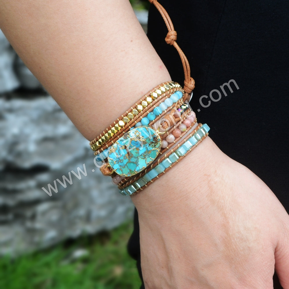 Boho Gold Copper Turquoise 4mm Multi Stone Beads Layers Leather Wrap Bracelet, Handmade Gemstone Jewelry HD0033
