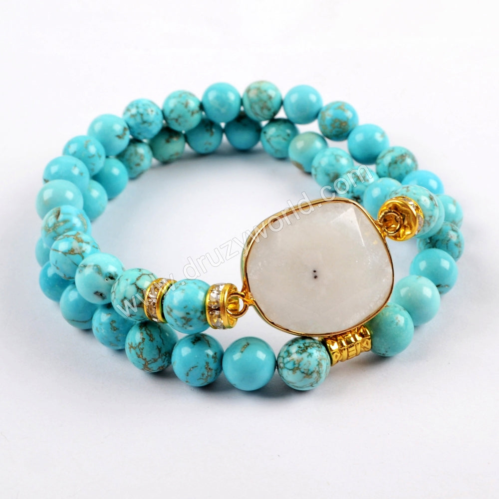 Gold Plated Natural White Solar Quartz Faceted With 8mm Stone Beads Layer Bracelet G1549