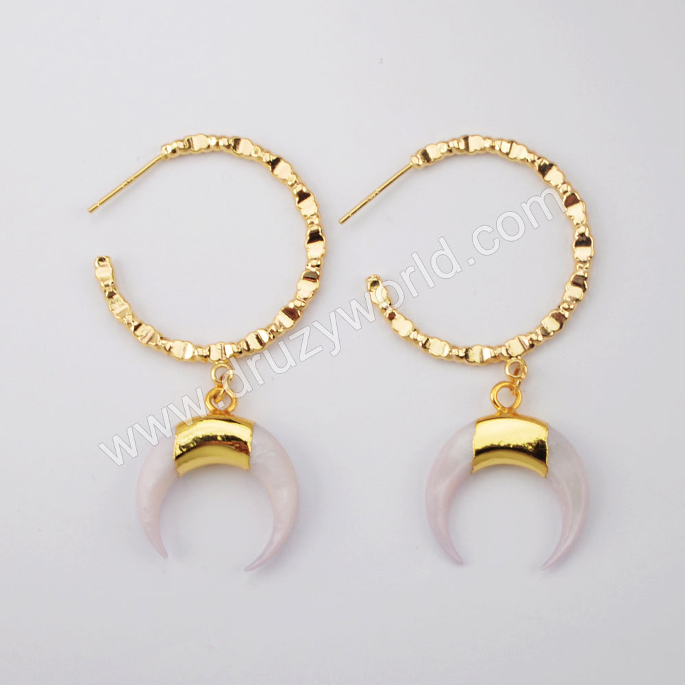 White Shell Crescent Moon Hoop Earrings For Women Gold Plated HD0185