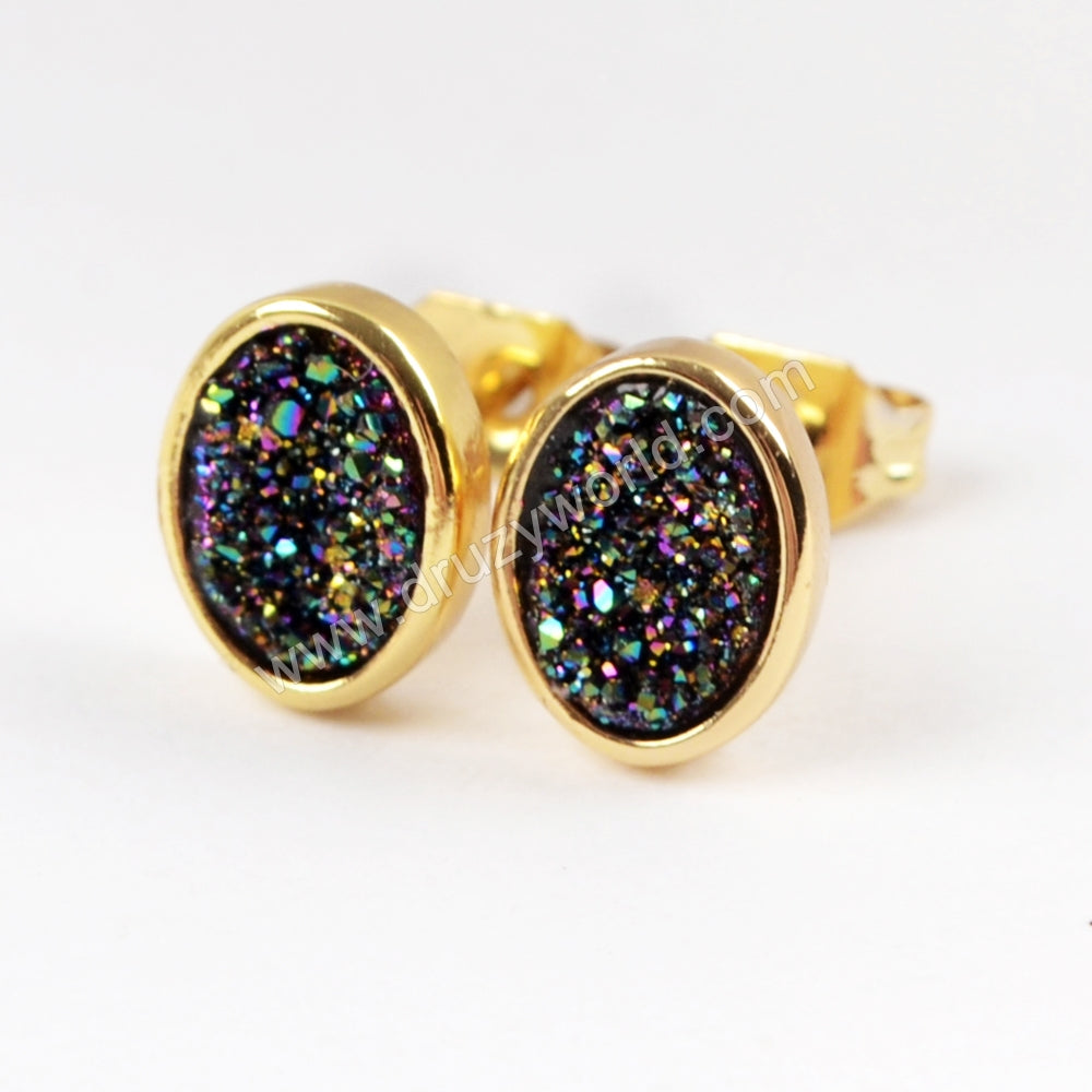 Oval Gold Plated Bezel Rainbow Titanium Natural Agate Druzy Studs Earring ZG0278