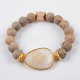 Gold Plated White Solar Quartz Faceted Bracelet Titanium Druzy Stone Beads G1431