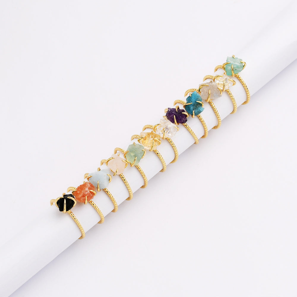 S925 Sterling Silver Gold Plated Rainbow Gemstone Healing Crystal Ring, Claw Stone Ring, Adjustable SS203
