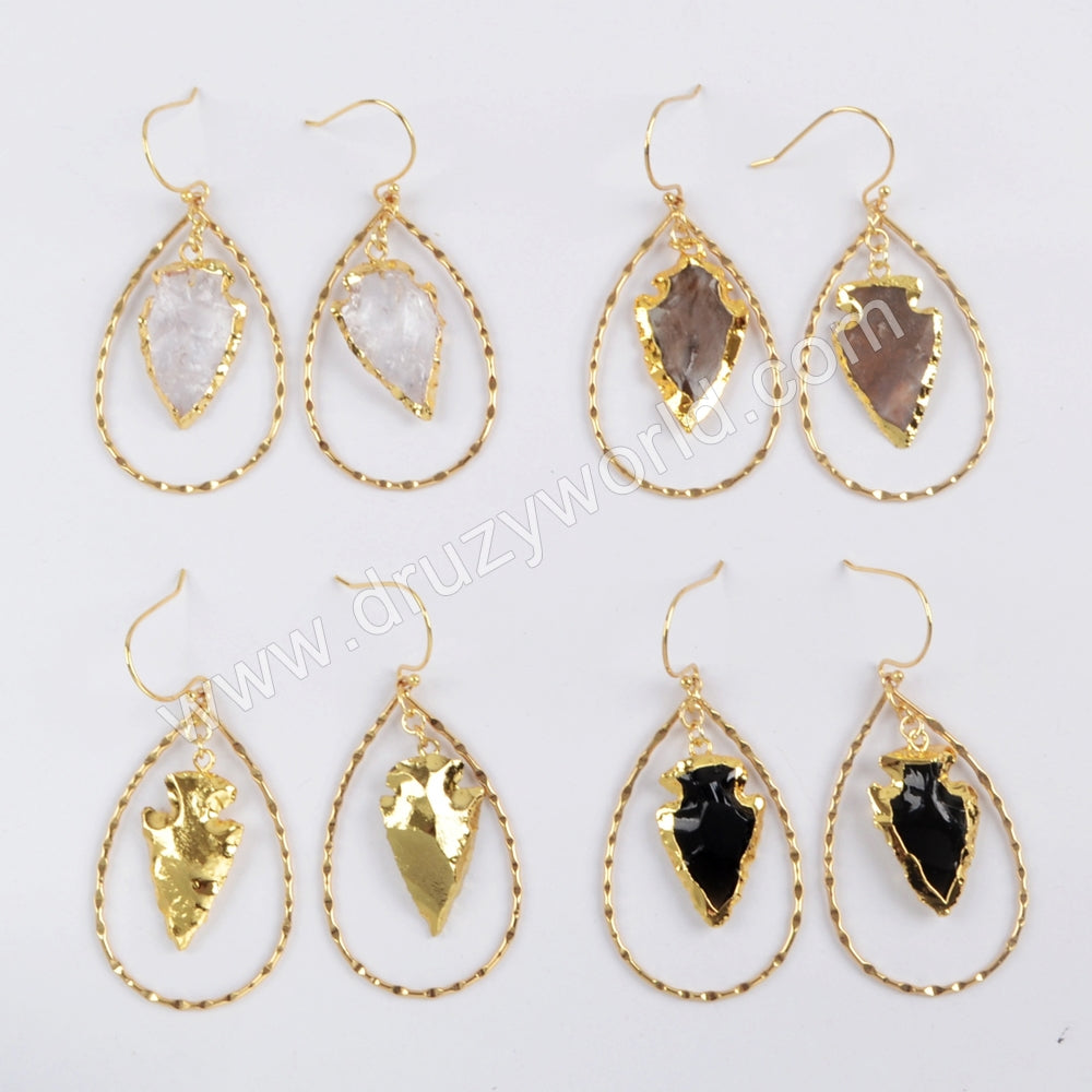 Gold Plated Multi Kind Stone Arrowhead Teardrop Earring G1580