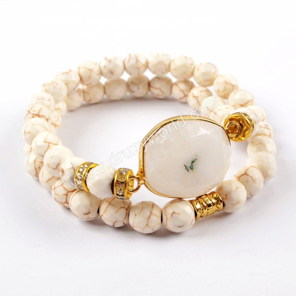 Gold Plated Natural White Solar Quartz Faceted With 8mm Stone Beads Layer Bracelet G1549