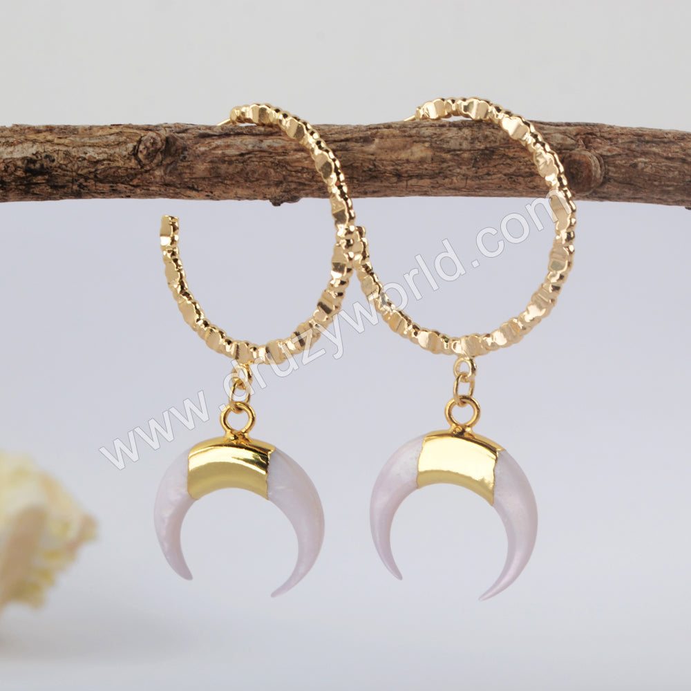 White Shell Crescent Moon Hoop Earrings For Women Gold Plated HD0185