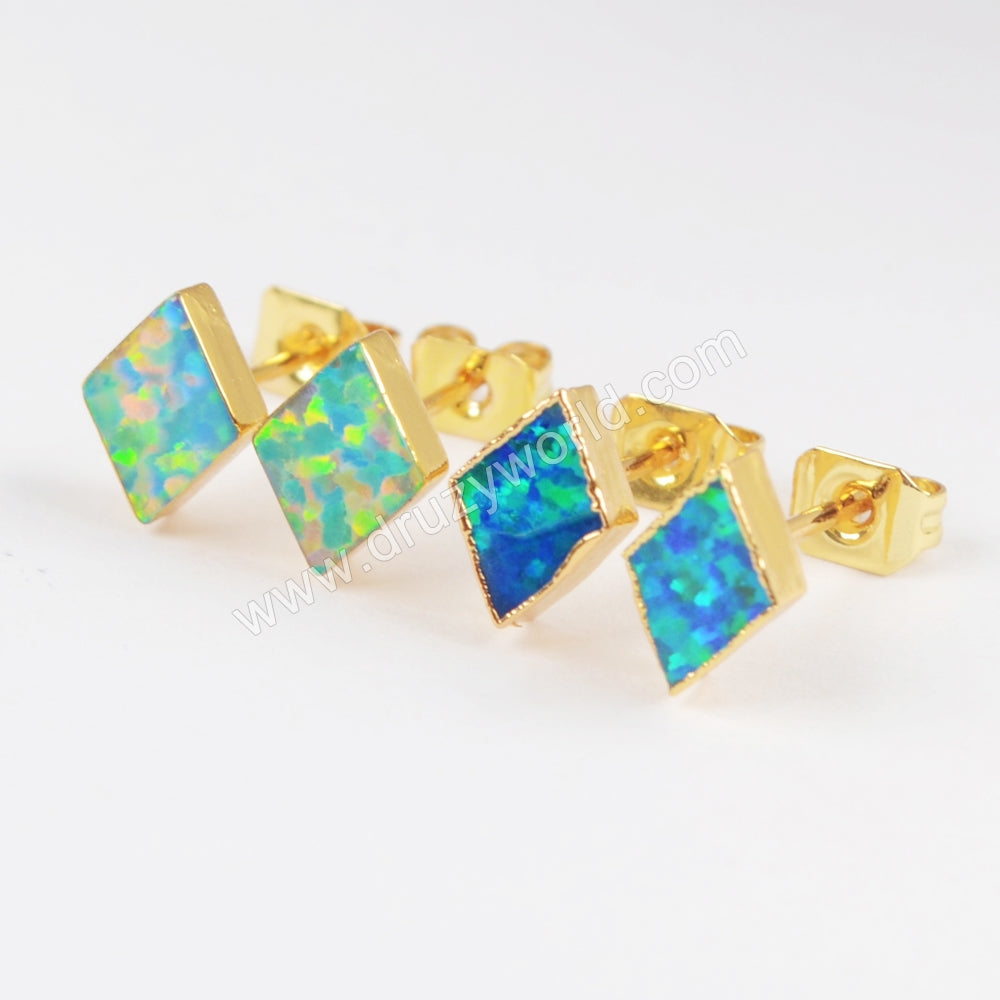 Diamond Shape White Opal Studs Earring Gold Plated G1421