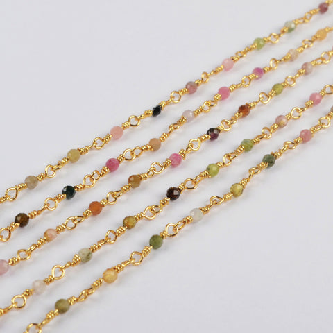 16 Feet of Rainbow Natural Tourmaline Faceted Beads Rosary Chains In Gold Plated JT245