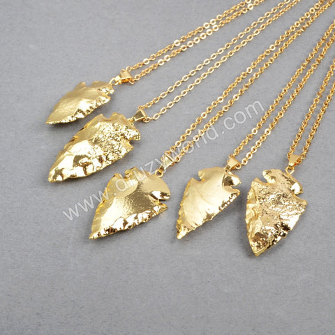 18" Full Gold Plated Arrowhead Natural Jasper Pendant Necklace Boho Jewelry G0508