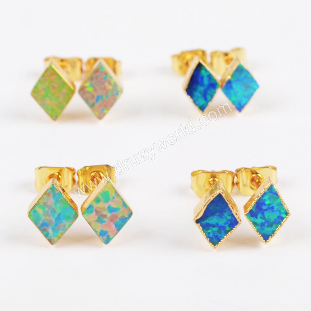 Diamond Shape White Opal Studs Earring Gold Plated G1421