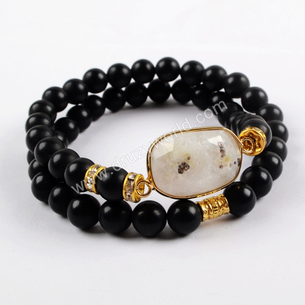 Gold Plated Natural White Solar Quartz Faceted With 8mm Stone Beads Layer Bracelet G1549