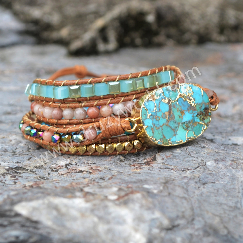 Boho Gold Copper Turquoise 4mm Multi Stone Beads Layers Leather Wrap Bracelet, Handmade Gemstone Jewelry HD0033