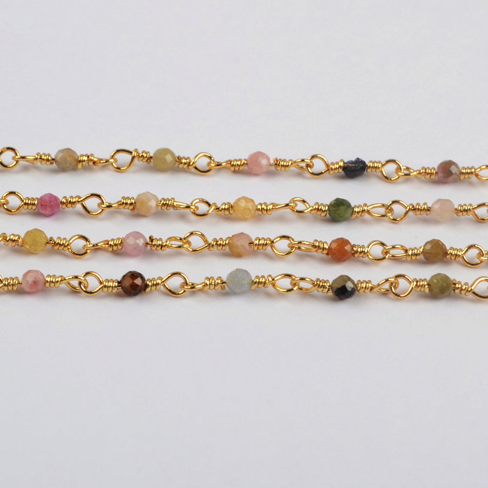 5 meter Natural Tourmaline Beads Faceted Chains In Gold Plated JT245