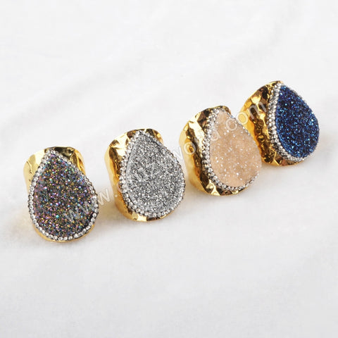 2 pcs of Teardrop Titanium Rainbow Druzy Band Ring With Rhinestone Pave Jewelry JAB374