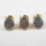 2 pcs of Teardrop Titanium Rainbow Druzy Band Ring With Rhinestone Pave Jewelry JAB374