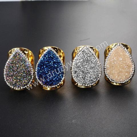 2 pcs of Teardrop Titanium Rainbow Druzy Band Ring With Rhinestone Pave Jewelry JAB374