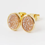 Oval Gold Plated Bezel Rainbow Titanium Natural Agate Druzy Studs Earring ZG0278