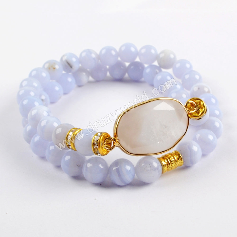 Gold Plated Natural White Solar Quartz Faceted With 8mm Stone Beads Layer Bracelet G1549