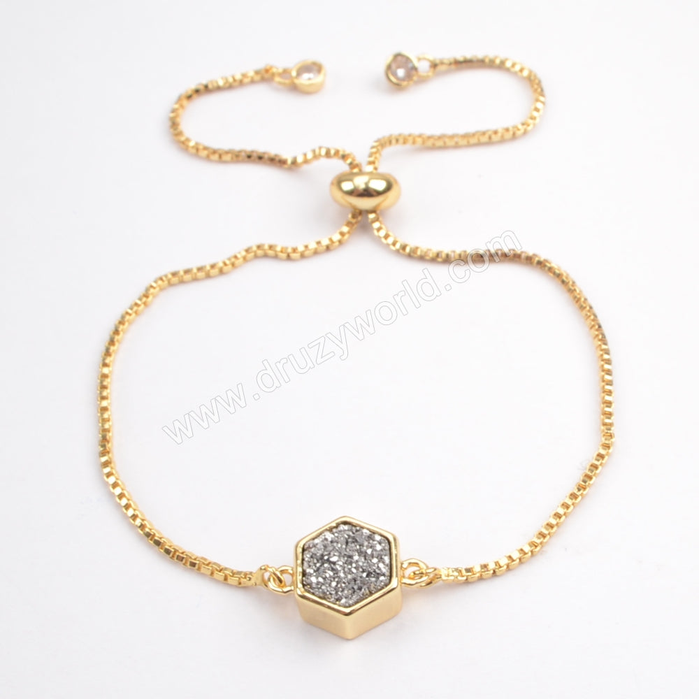 Gold Plated Bezel Hexagon Titanium Druzy Adjustable Bracelet ZG0220