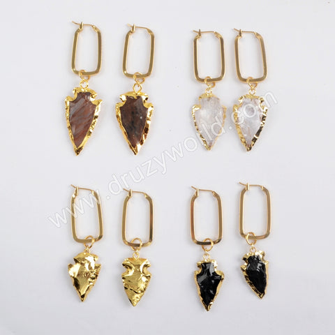 Multi Kind Stone Arrowhead Rectangle Earrings Gold Plated G1586