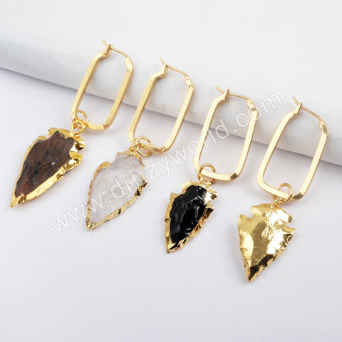 Multi Kind Stone Arrowhead Rectangle Earrings Gold Plated G1586