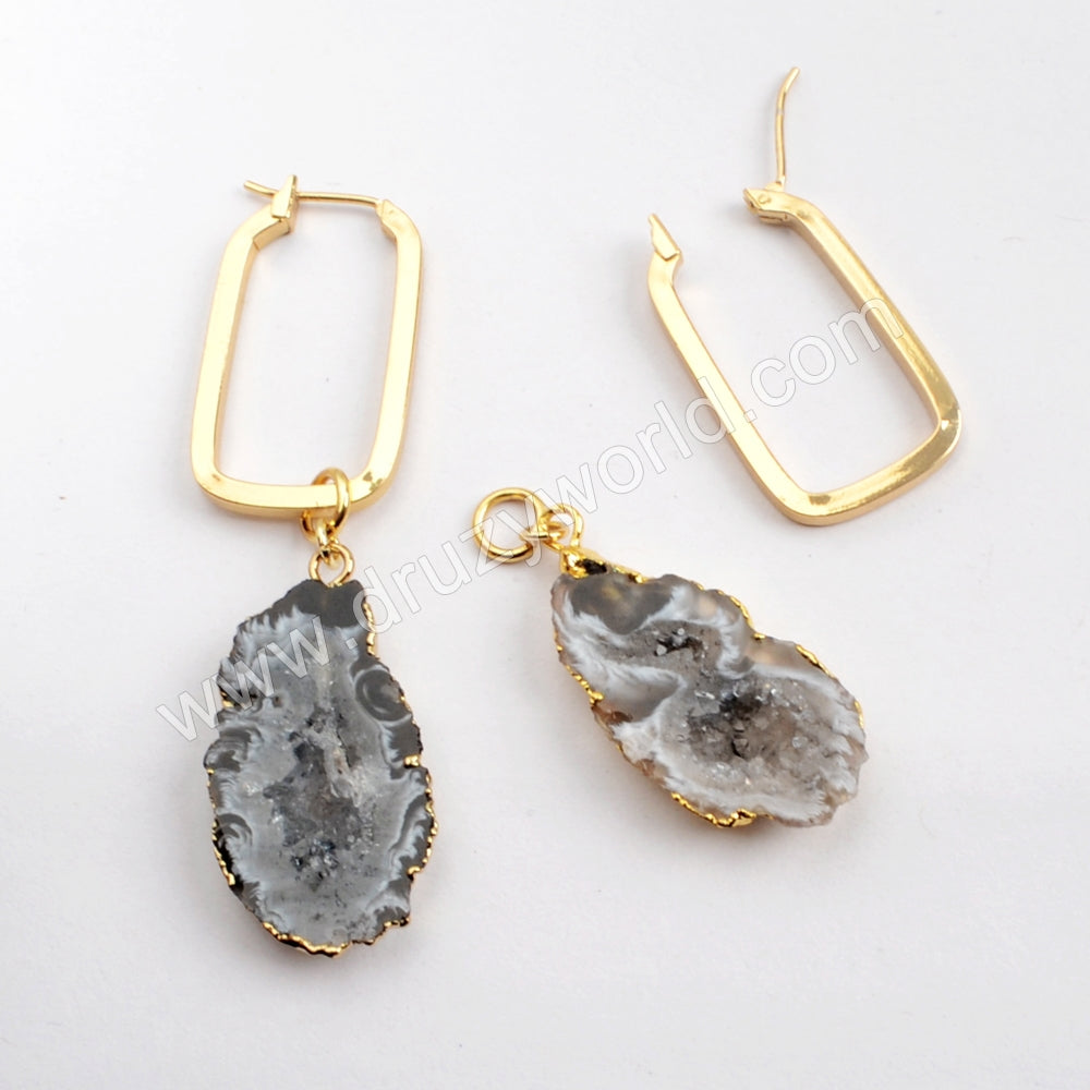 Gold Plated Agate Druzy Slice Rectangle Earring G1587